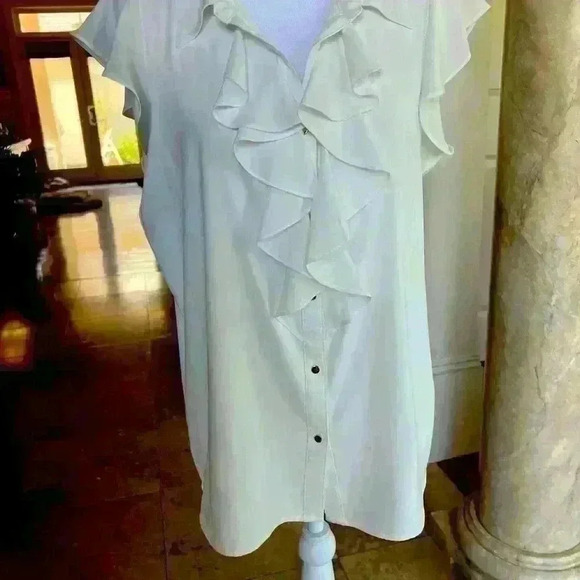 Calvin Klein, blouse 
v-neckline L white ruffle front  airy cool.Great cond. - Picture 8 of 15
